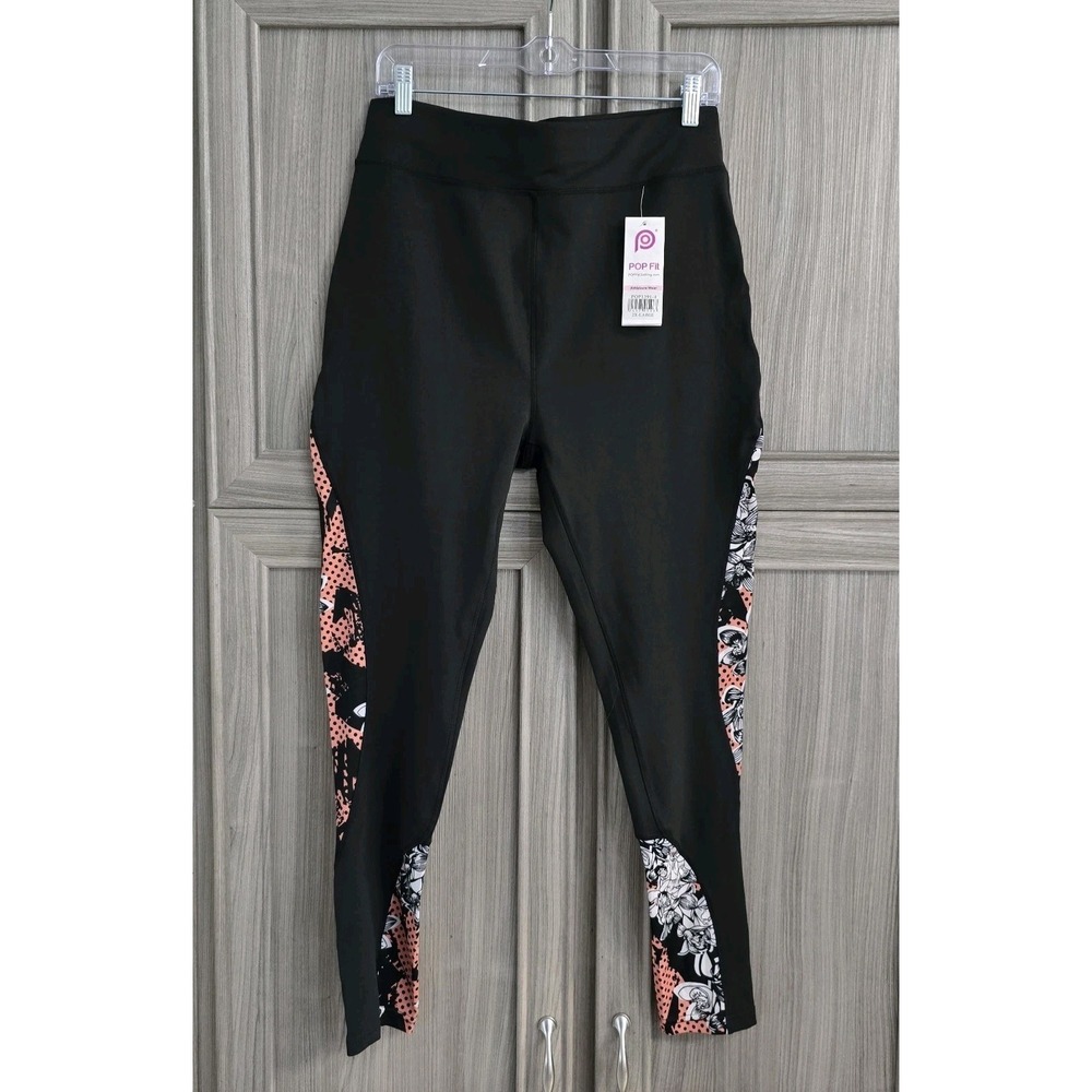 Pop Fit Athleisure 7/8 Leggings 2XL Black With Floral Leg Design